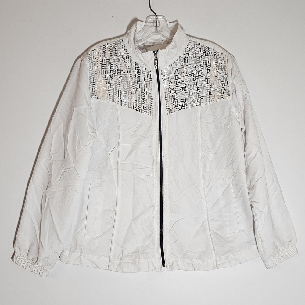 Activology Jacket Womens Large White Sequin Full Zip Lightweight Mesh Pockets L